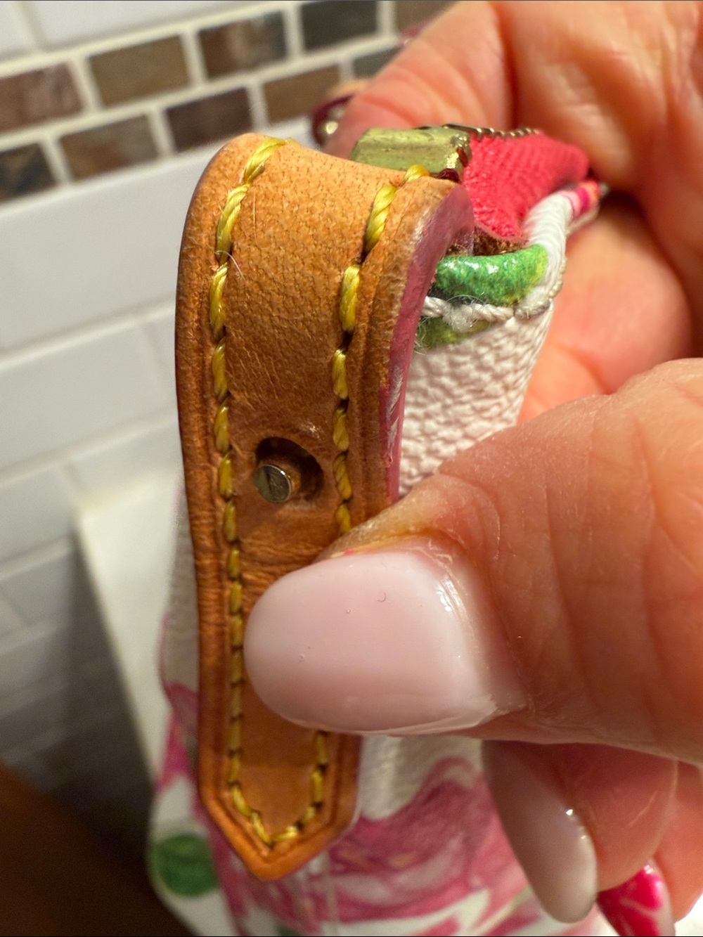Dooney & Bourke Pink Floral LeatherTote with Tan Straps - Picture 6 of 12